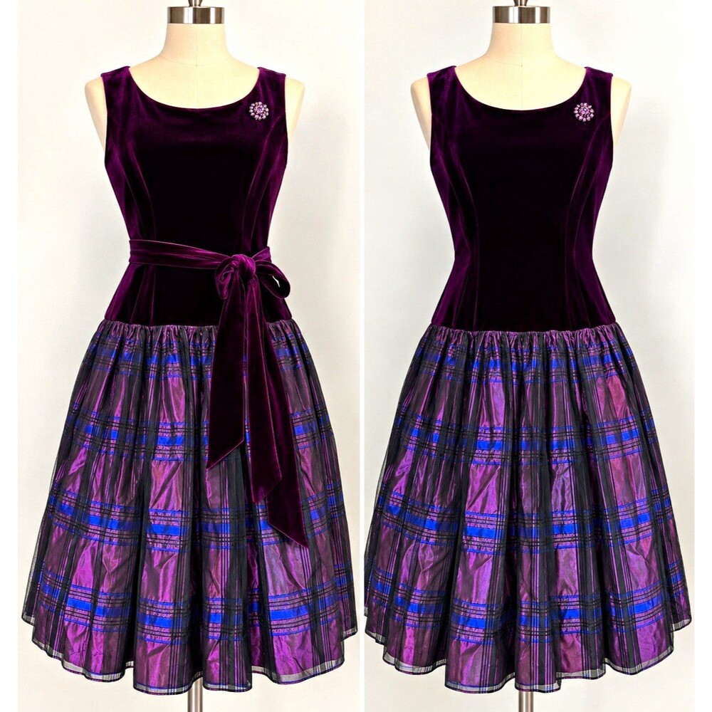 Vintage Y2K Eliza J Dress Drop Waist Velvet Purple Tulle Plaid 12 Sleeveless USA